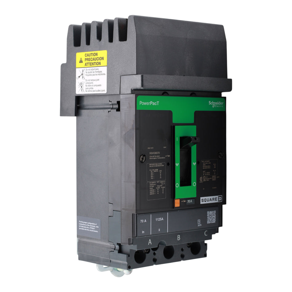 Square D HDA36070 Circuit breaker, PowerPacT H, 70A, 3 pole, 600VAC, 14kA, I-Line, thermal magnetic, 80%, ABC