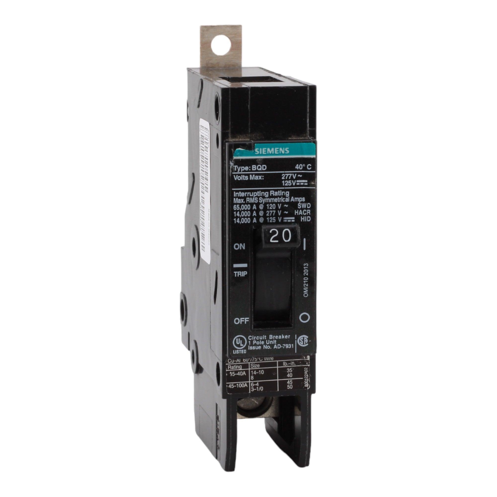 Siemens BQD120 20 Amp Single-Pole Circuit Breaker - 277VAC, 125VDC, 14kA, Bolt-On, UL Listed