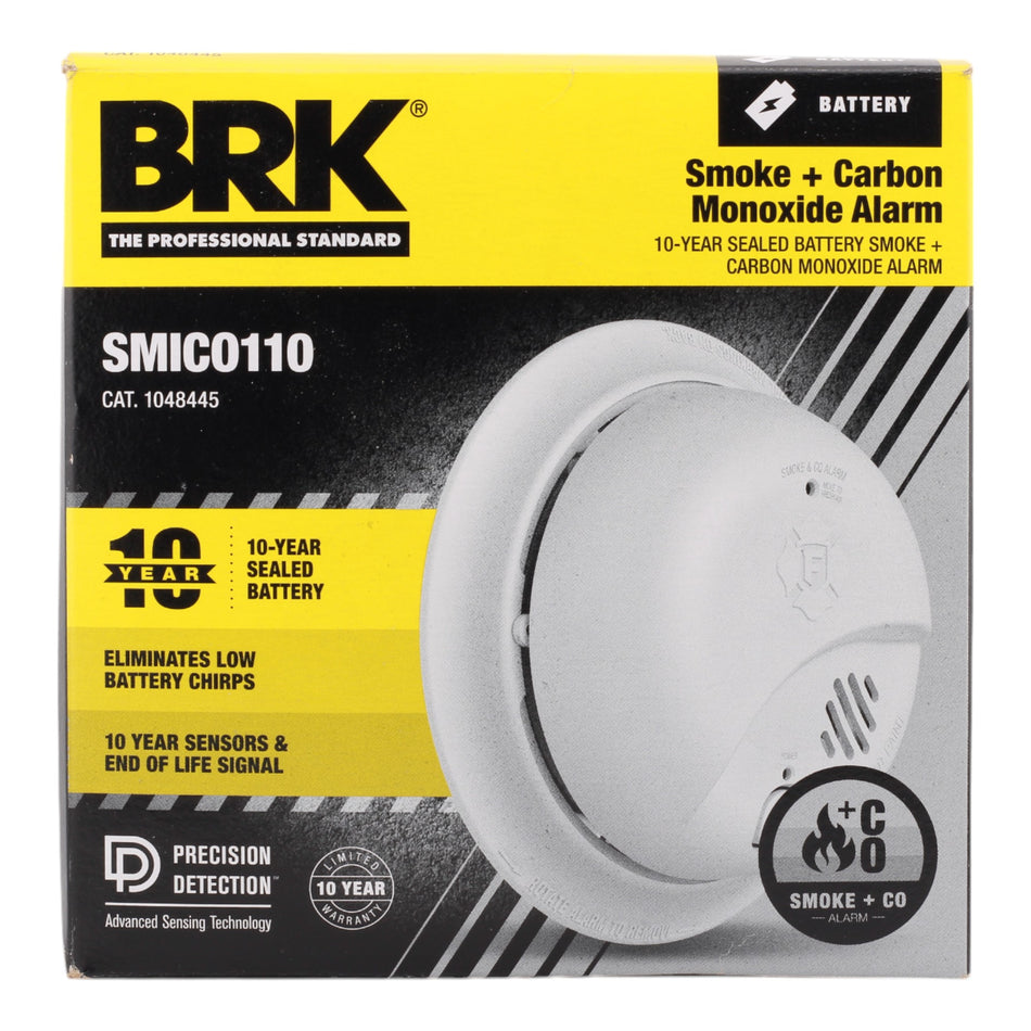 BRK SMICO110, 10-Year Battery 2-in-1 Smoke & Carbon Monoxide Alarm, Ionization Sensor, 85dB, Test/Silence Button.