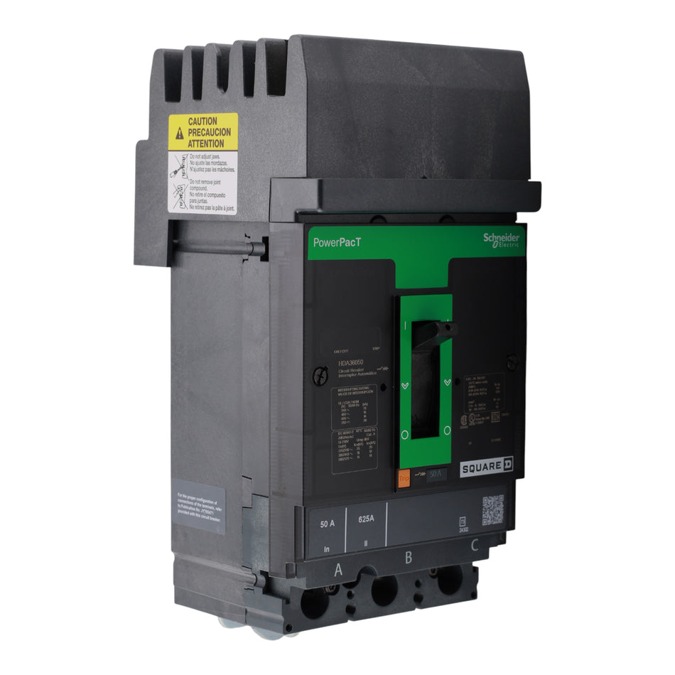 Square D HDA36050 Circuit breaker, PowerPacT H, 50A, 3P, 600VAC, 14kA, I-Line, thermal magnetic, 80%, ABC