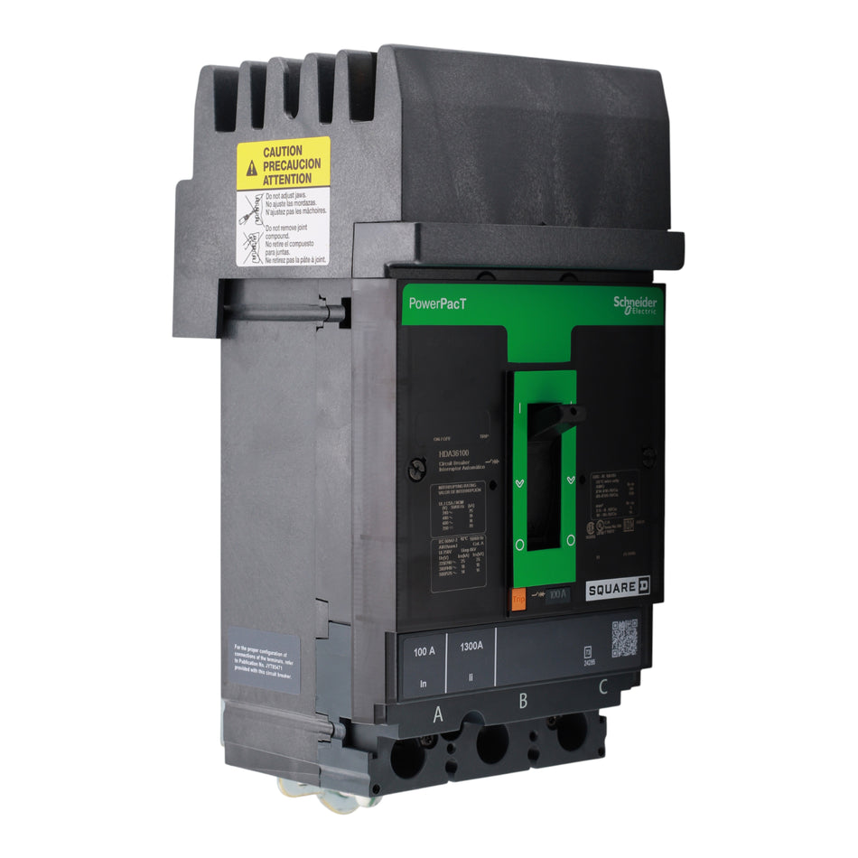 Square D HDA36100 Circuit breaker, PowerPacT H, 100A, 3 pole, 600VAC, 14kA, I-Line, thermal magnetic, 80%, ABC