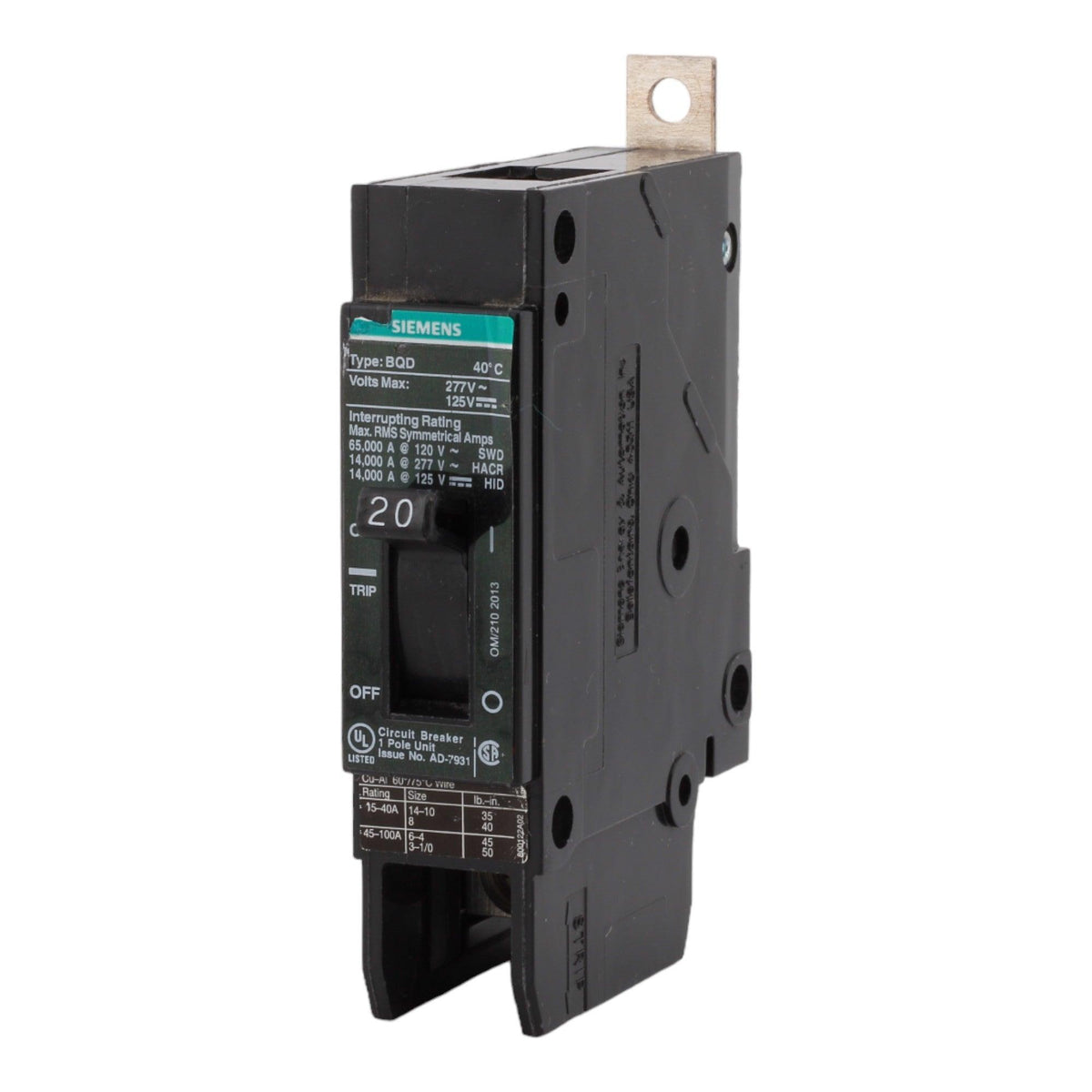 Siemens BQD120 20 Amp Single-Pole Circuit Breaker - 277VAC, 125VDC, 14kA, Bolt-On, UL Listed