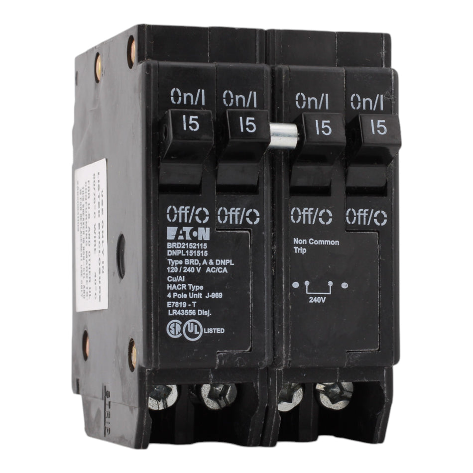 Eaton BRD2152115, 15A, 120/240V, Quad Circuit Breaker, 2 1-Pole, 1 2-Pole, Plug-In, for Eaton, Bryant, Westinghouse Panels
