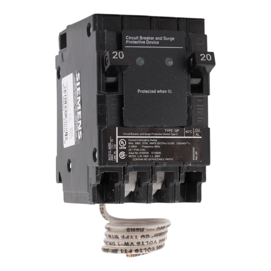 Siemens QSA2020SPD, (2) 20A, 1-Pole, 120V Circuit Breakers with Surge Protection Device (SPD), Plug-In