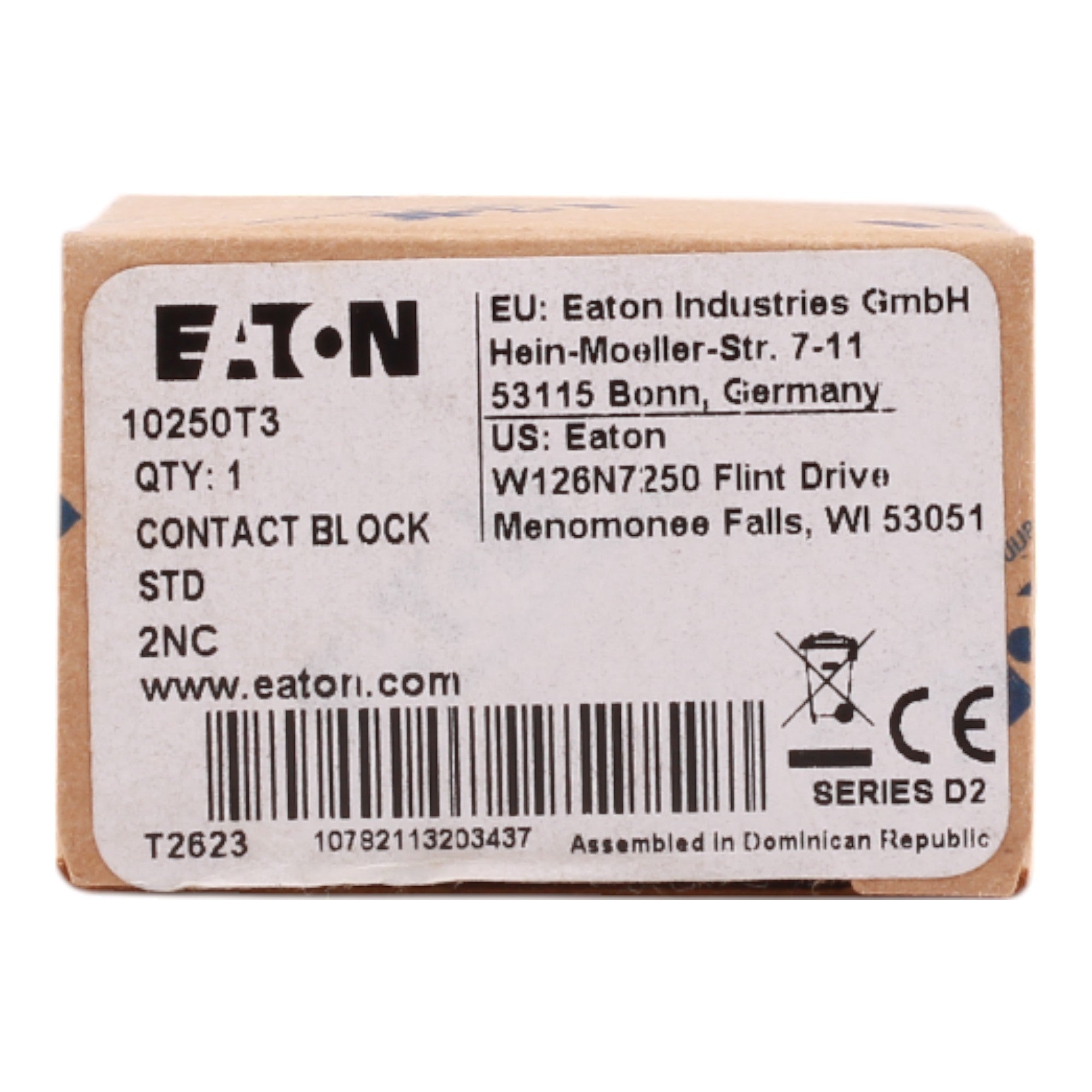 Eaton contact block packaging with label on a white background