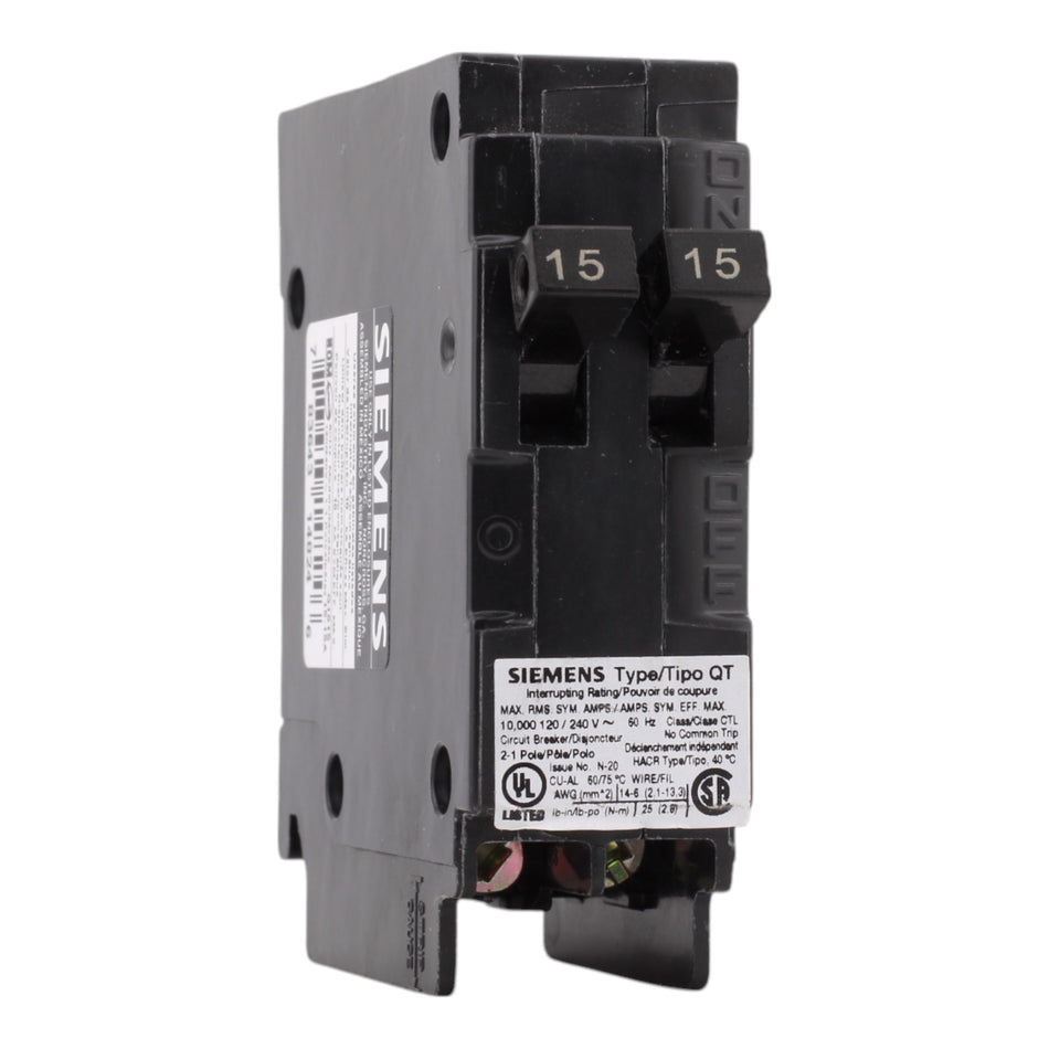 Siemens Q1515 15/15A 120V Duplex Thermal Magnetic Circuit Breaker, Plug-In, 10kA Interrupt, Type QT