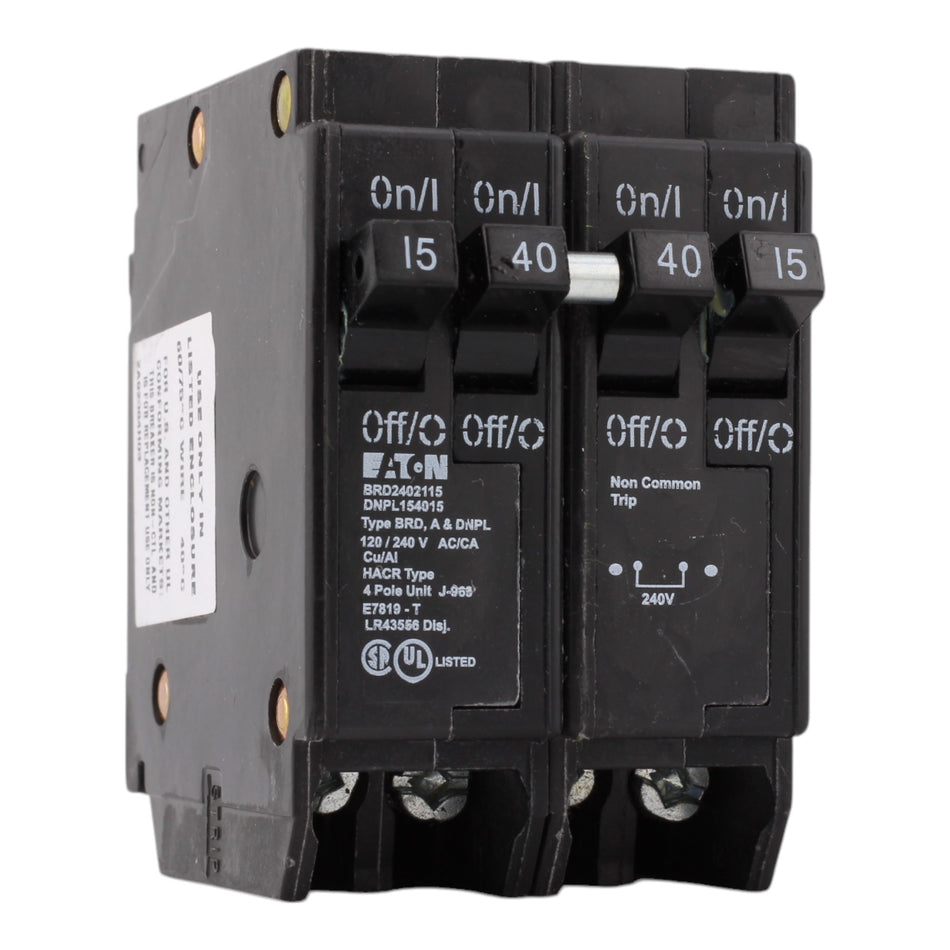 Eaton BRD2402115 / DNPL154015, 15A/15A/40A, 120/240V, Quad Circuit Breaker, 2 1-Pole, 1 2-Pole, Plug-In, for Eaton, Bryant, Westinghouse Panels