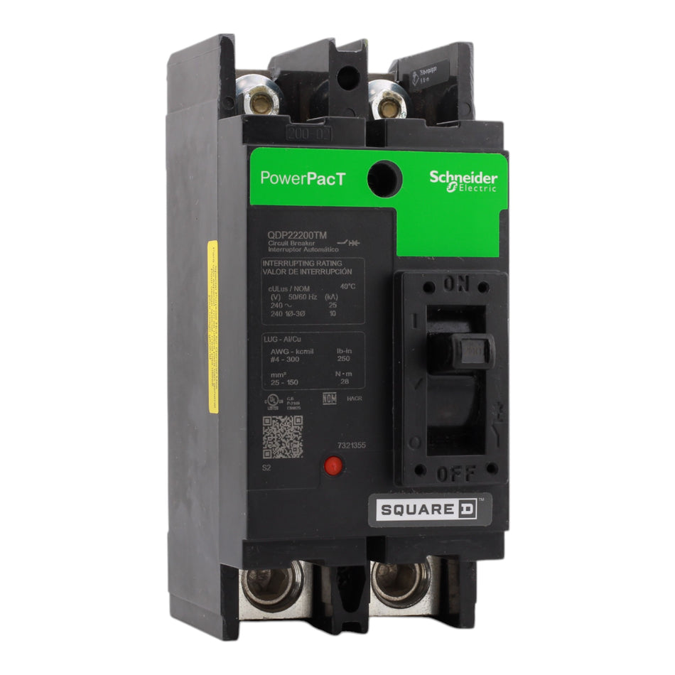 Square D PowerPacT QDP22200TM, 200A, 240V, 2-Pole Molded Case Circuit Breaker, Thermal Magnetic, 25kA, Lugs, for 240VAC Systems
