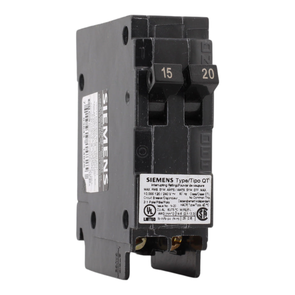 Siemens Q1520 15/20A 120V Duplex Thermal Magnetic Circuit Breaker, Plug-In, 10kA Interrupt, Type QT