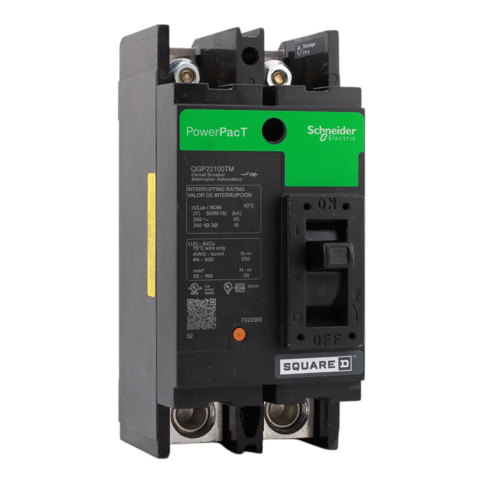 Square D PowerPacT QGP22100TM, 100A, 240V, 2-Pole Molded Case Circuit Breaker, Thermal Magnetic, 65kA, Lugs, for 240VAC Systems