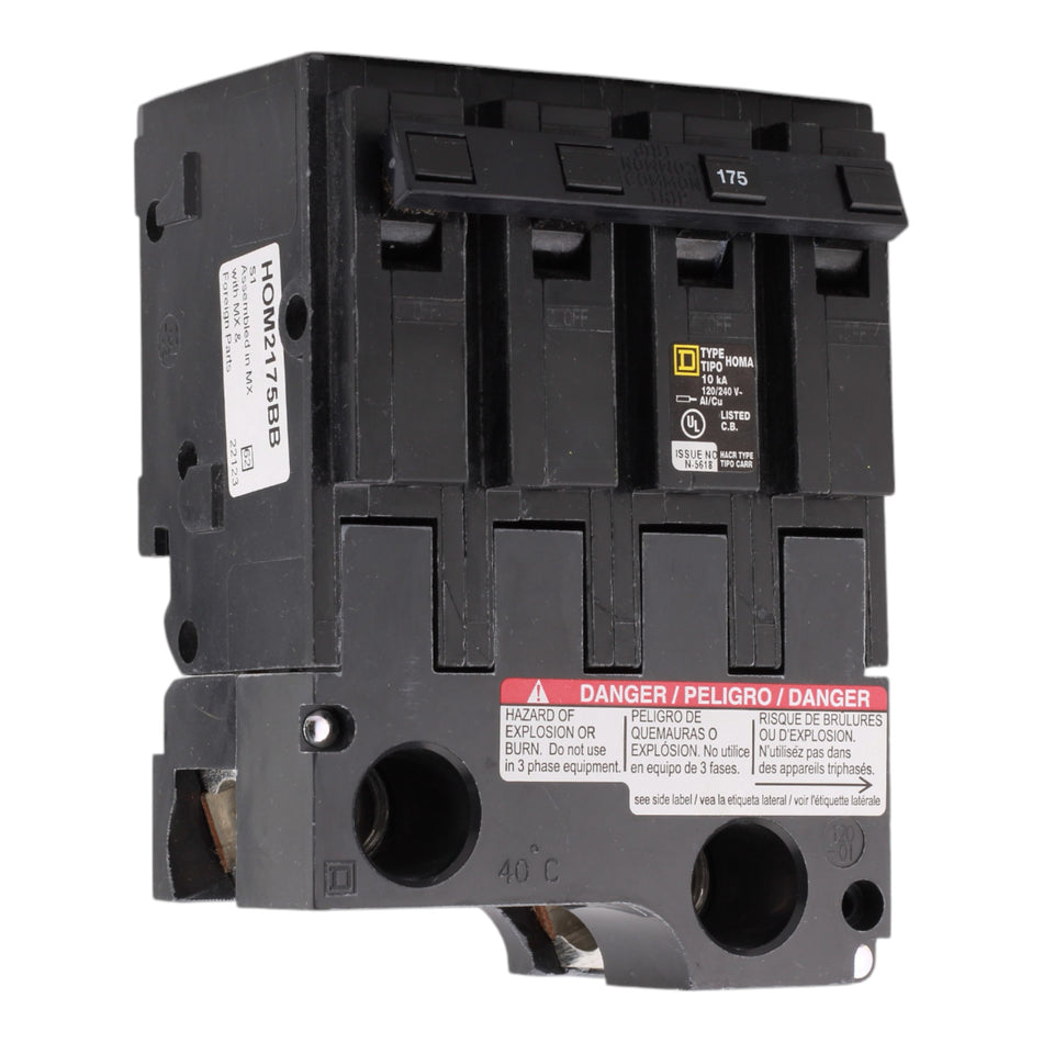 Schneider Electric HOM2175BB Mini Branch Circuit Breaker, 175A, 2-Pole, 120/240V AC, 10kA AIR, Plug-In Design.
