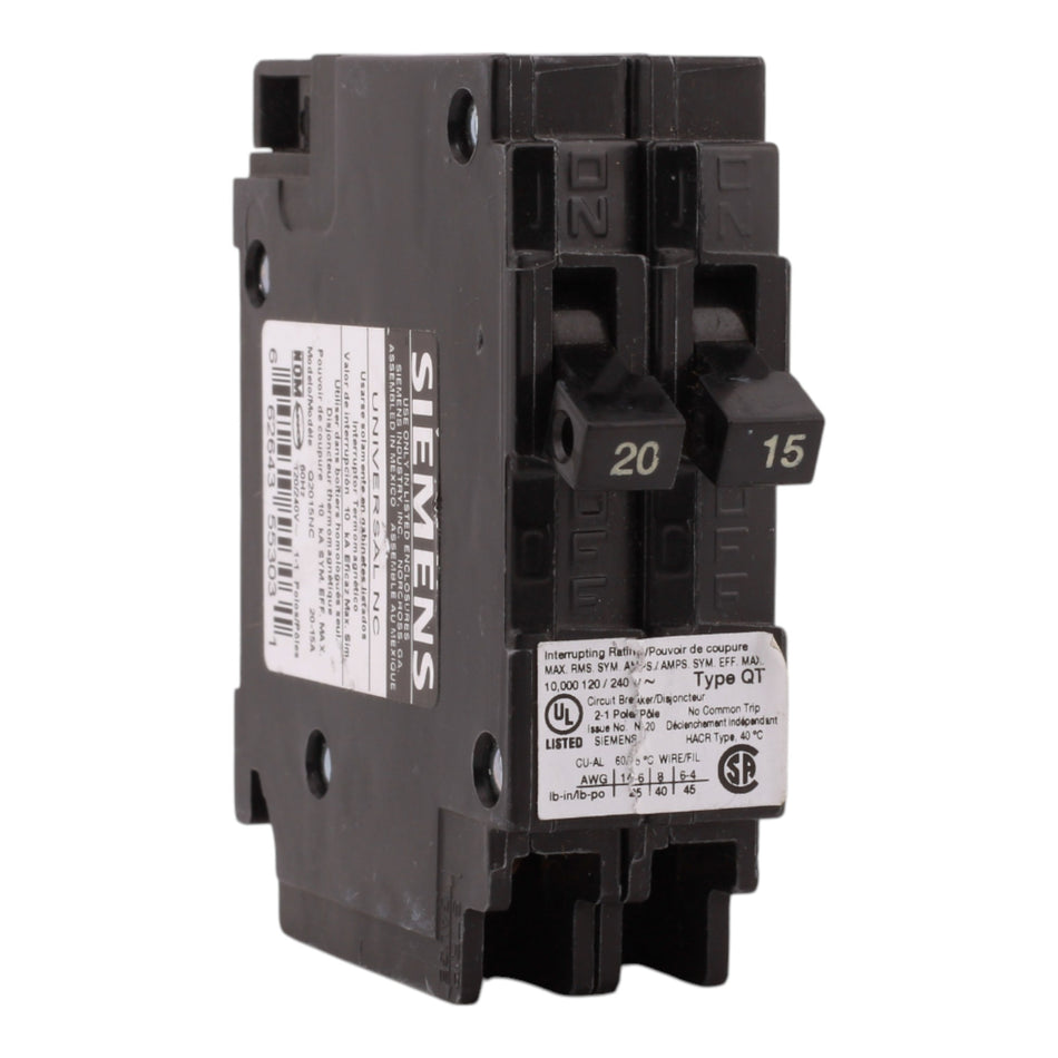 Siemens QT Q2015NC 20A/15A 1P 120V Duplex Circuit Breaker