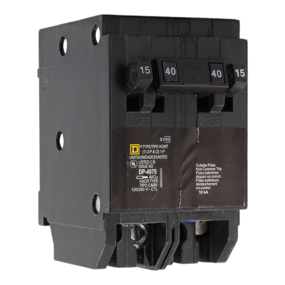 Square D HOMT1515240 15/15/40A 120/240V Quad Tandem Circuit Breaker, Plug-In, 10kA Interrupt, for Homeline Load Centers