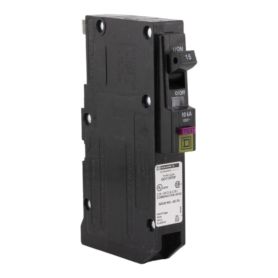 Square D QO115PDFC 15 Amp Single Pole 120V Plug-On Neutral AFCI/GFCI Dual Function Circuit Breaker UL