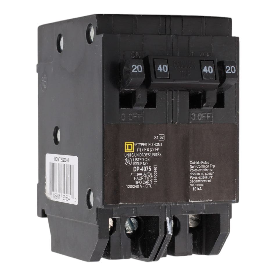 Square D HOMT2020240 20/20/40A 120/240V Quad Tandem Circuit Breaker, Plug-In, 10kA Interrupt, for Homeline Load Centers