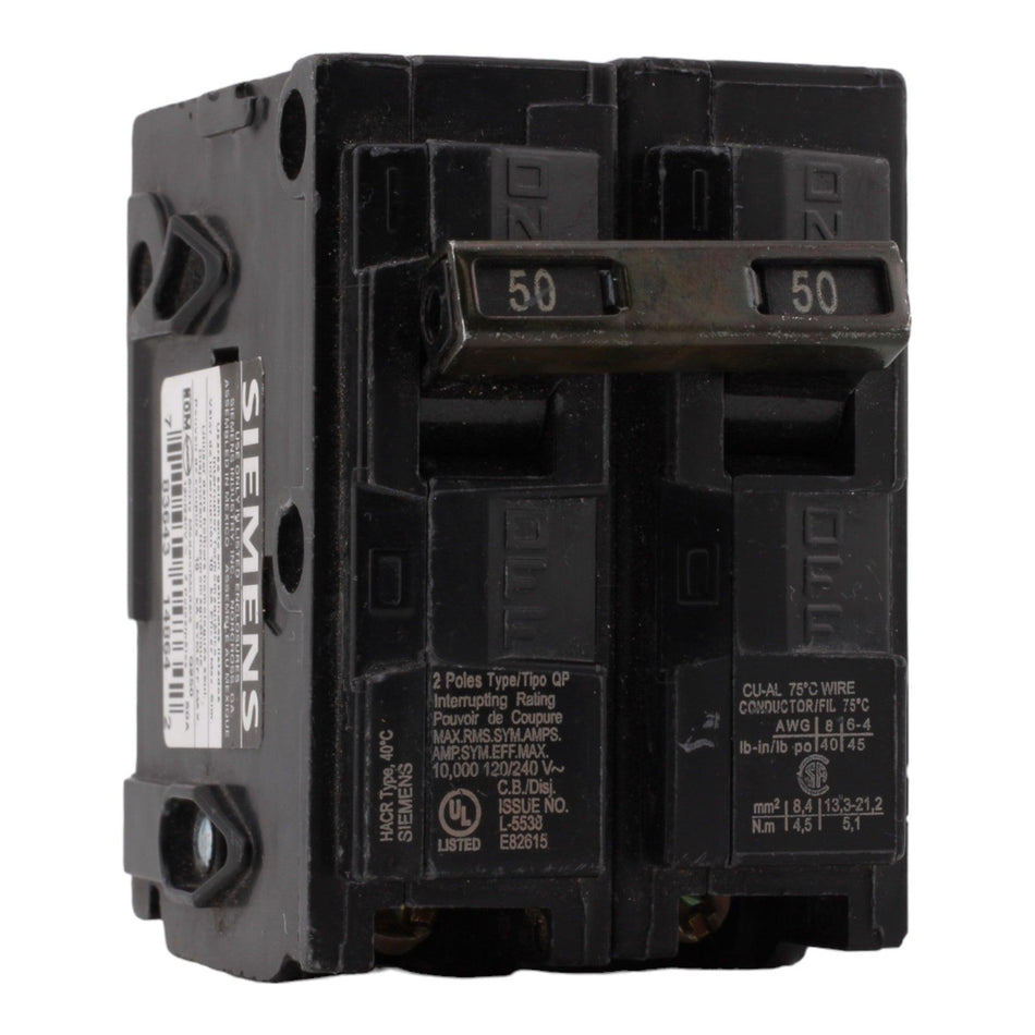 Siemens Q250 50 Amp Double Pole 240V Plug-In Standard Trip Circuit Breaker UL