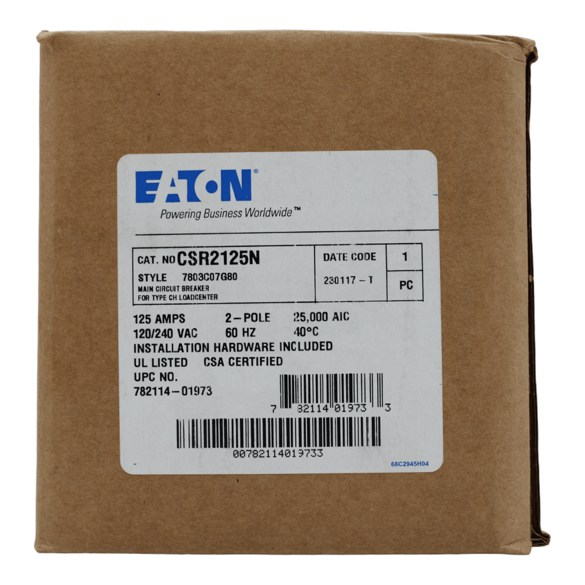 Eaton CH CSR2125N Main Breaker 125 Amps 240 Volts 2 Pole Bolt on UL Listed