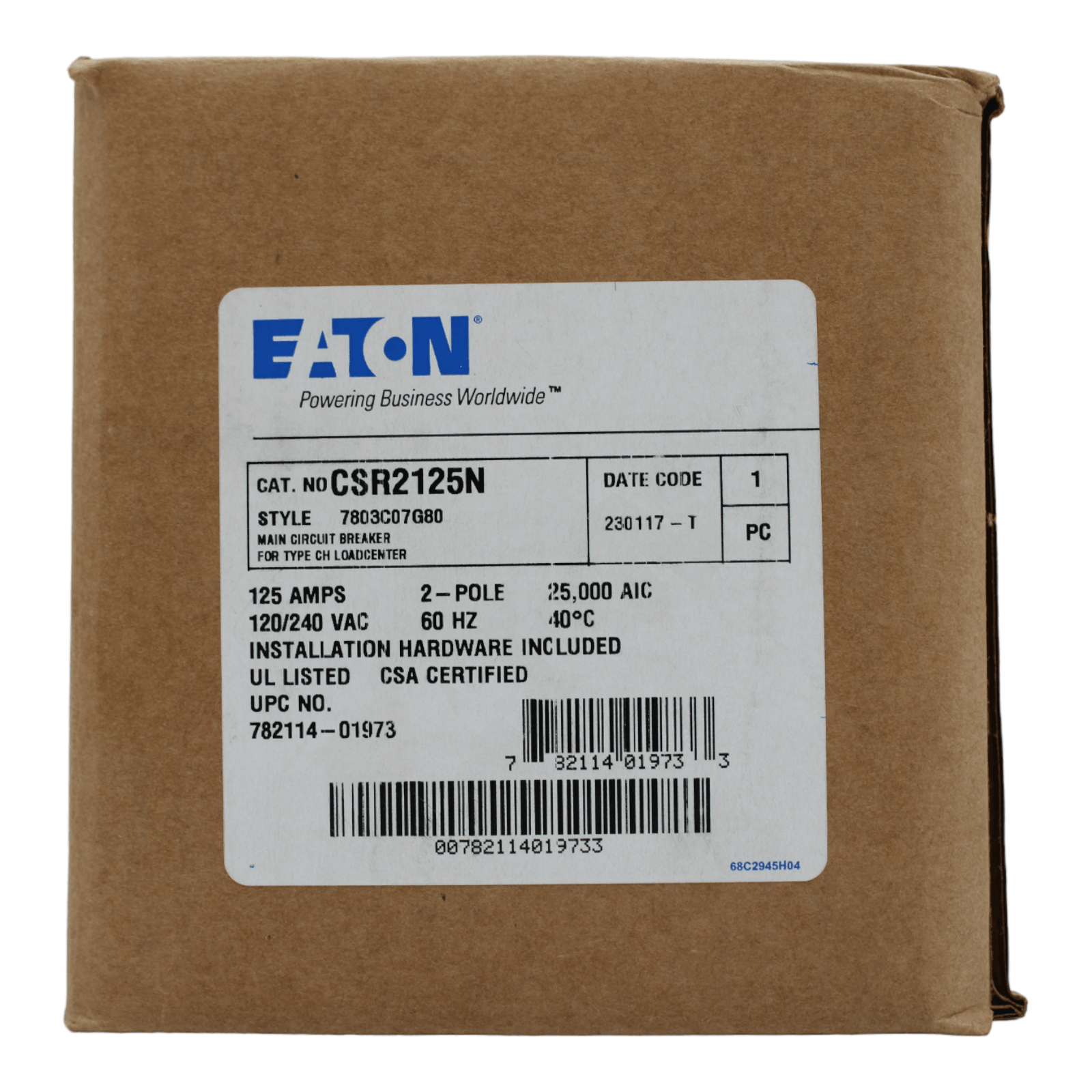 Eaton CH CSR2125N Main Breaker 125 Amps 240 Volts 2 Pole Bolt on UL Listed