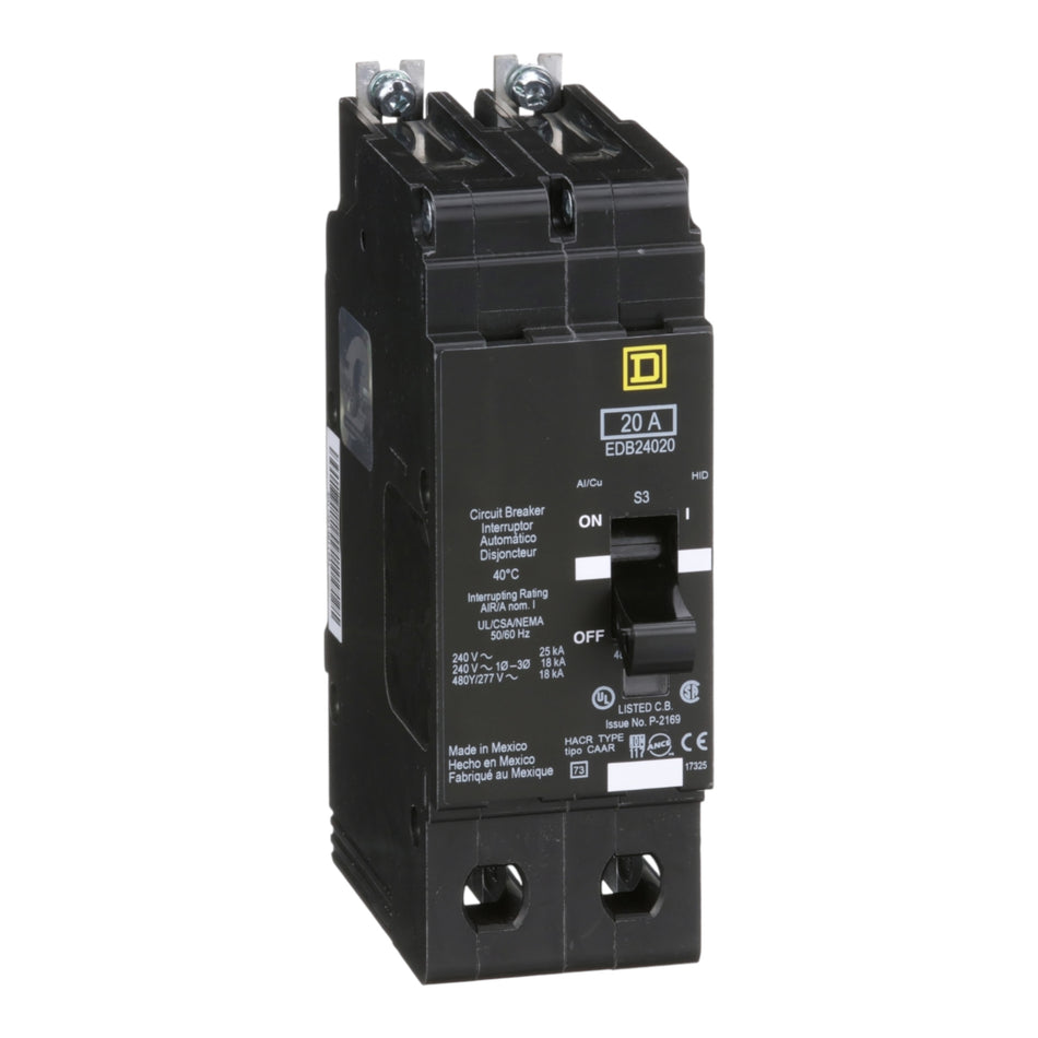 Square D E-Frame EDB24020 20A 2P 480Y/277V Bolt-On Circuit Breaker