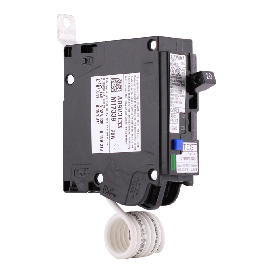 Siemens BA120AFCHH, 20A, 120V, 1-Pole, AFCI Circuit Breaker, 65kA Interrupt Rating, Thermal Magnetic, Panelboard Mounting