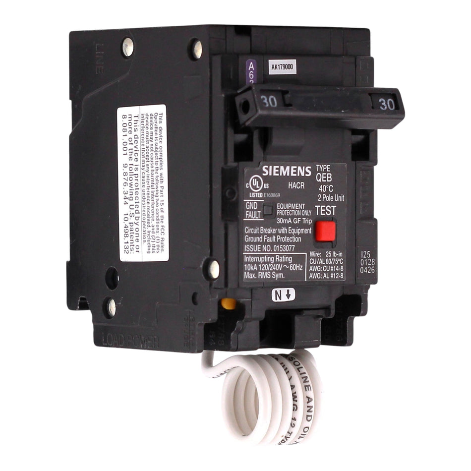 Siemens QEB, Q230EG, 30A, 2P, 240V, GFCI, Pigtail Neutral, Circuit Breaker