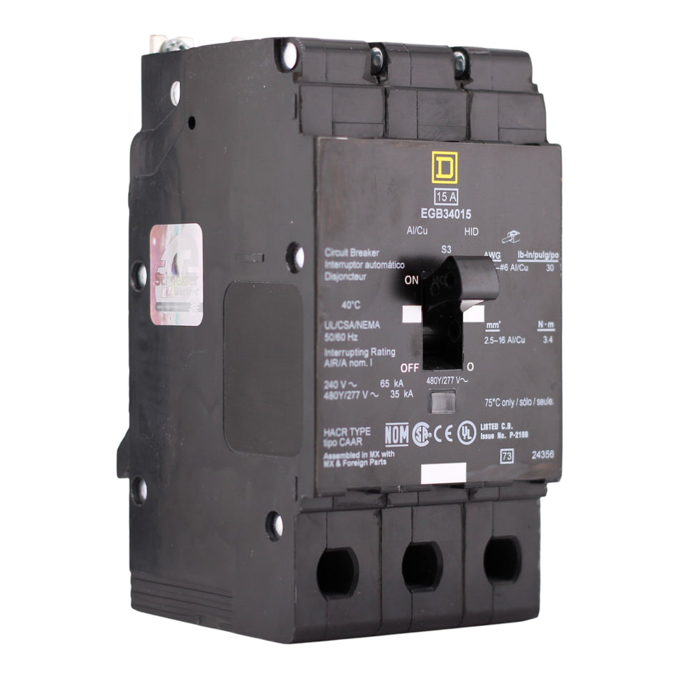 Square D E-Frame, EGB34015, 15A, 3P, 480Y/277V, Thermal-Magnetic, Bolt-On, Circuit Breaker