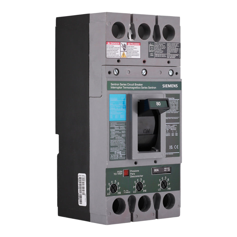 Siemens Sentron, FXD63B080L, 80A, 3P, 600V, Thermal-Magnetic, Circuit Breaker