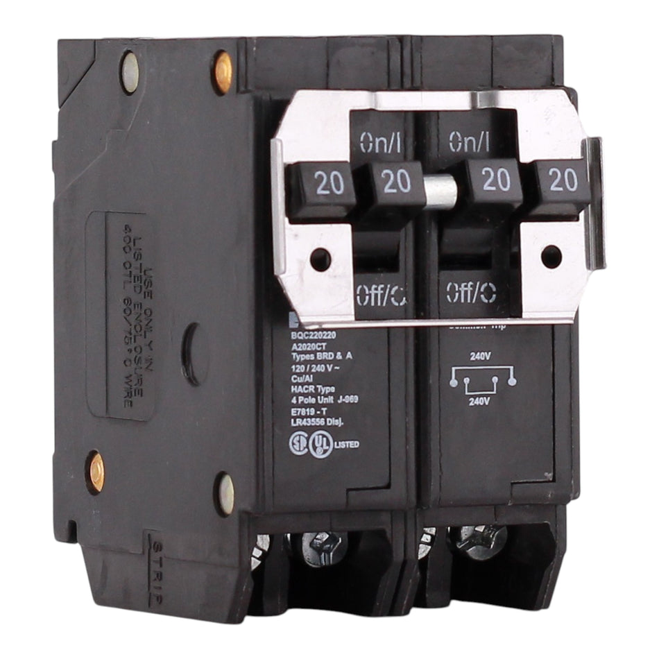 Eaton BQC220220, (2) 20A, 120/240V, 4-Pole, 10kA, Thermal Magnetic Circuit Breaker, Plug-On, for Type BR Load Centers