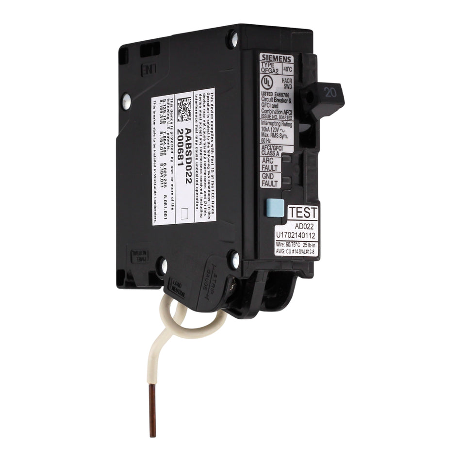 Siemens Q Q120DFWG 20A 1P 120V AFCI/GFCI Short Pigtail Neutral Circuit Breaker