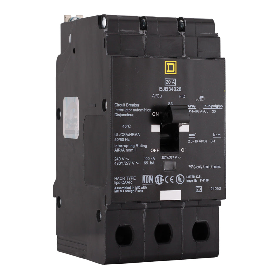 Square D E-Frame, EJB34020, 20A, 3P, 480Y/277V, Bolt-On Circuit Breaker