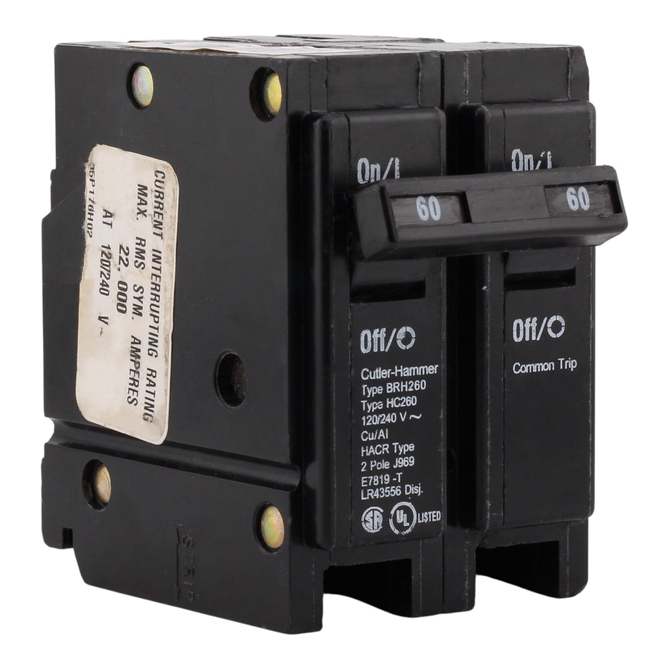 Eaton BR BRH260 60A 2P 120/240V Thermal Magnetic Plug-On Circuit Breaker