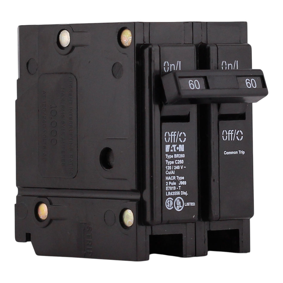 Eaton BR, BR260, 60A, 2P, 120/240V, Thermal Magnetic, Plug-On, Circuit Breaker