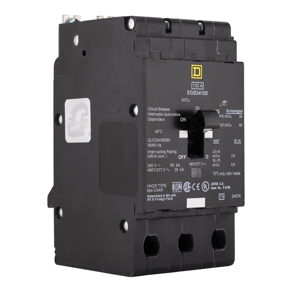 Square D E-Frame, EGB34100, 100A, 3P, 480Y/277V, Bolt-On, Circuit Breaker