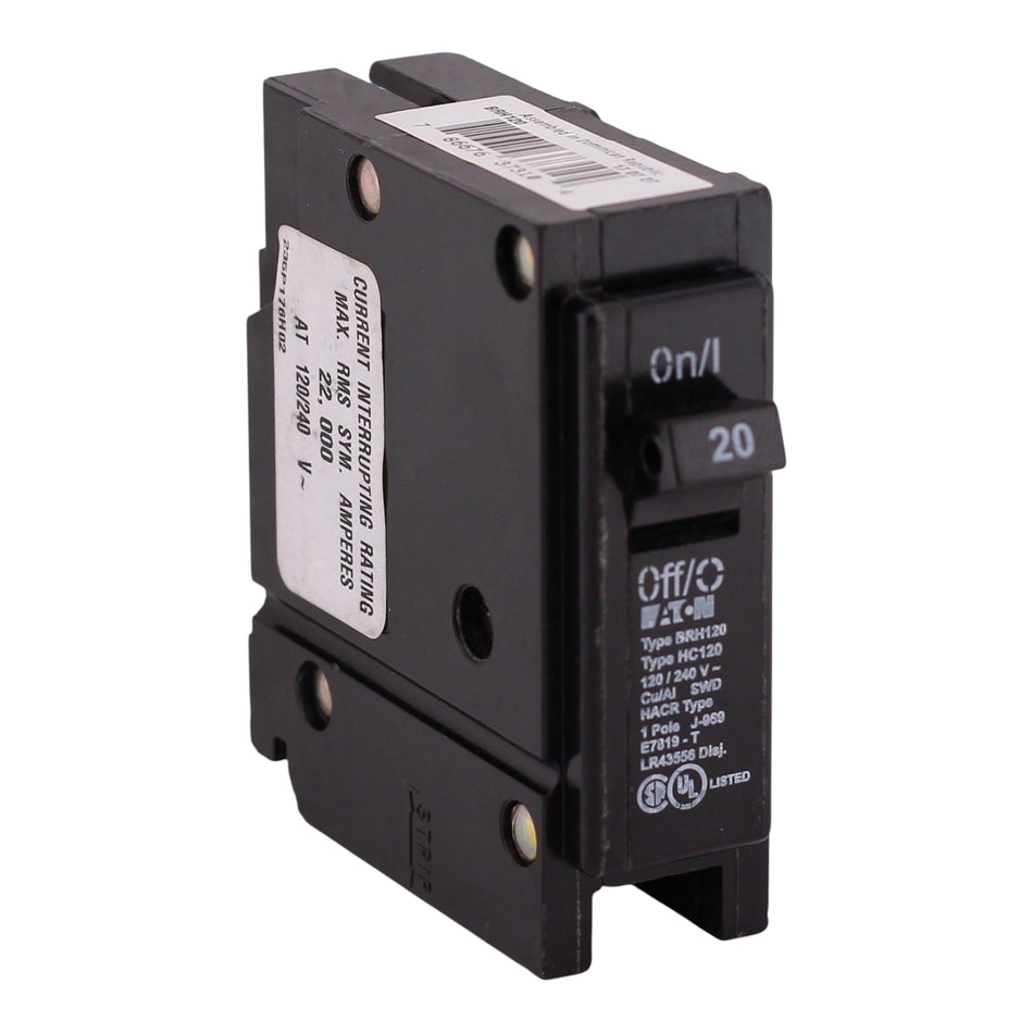 Eaton BRH, BRH120, 20A, 1P, 120/240V, Thermal Magnetic, Plug-On, High Interrupt, Circuit Breaker