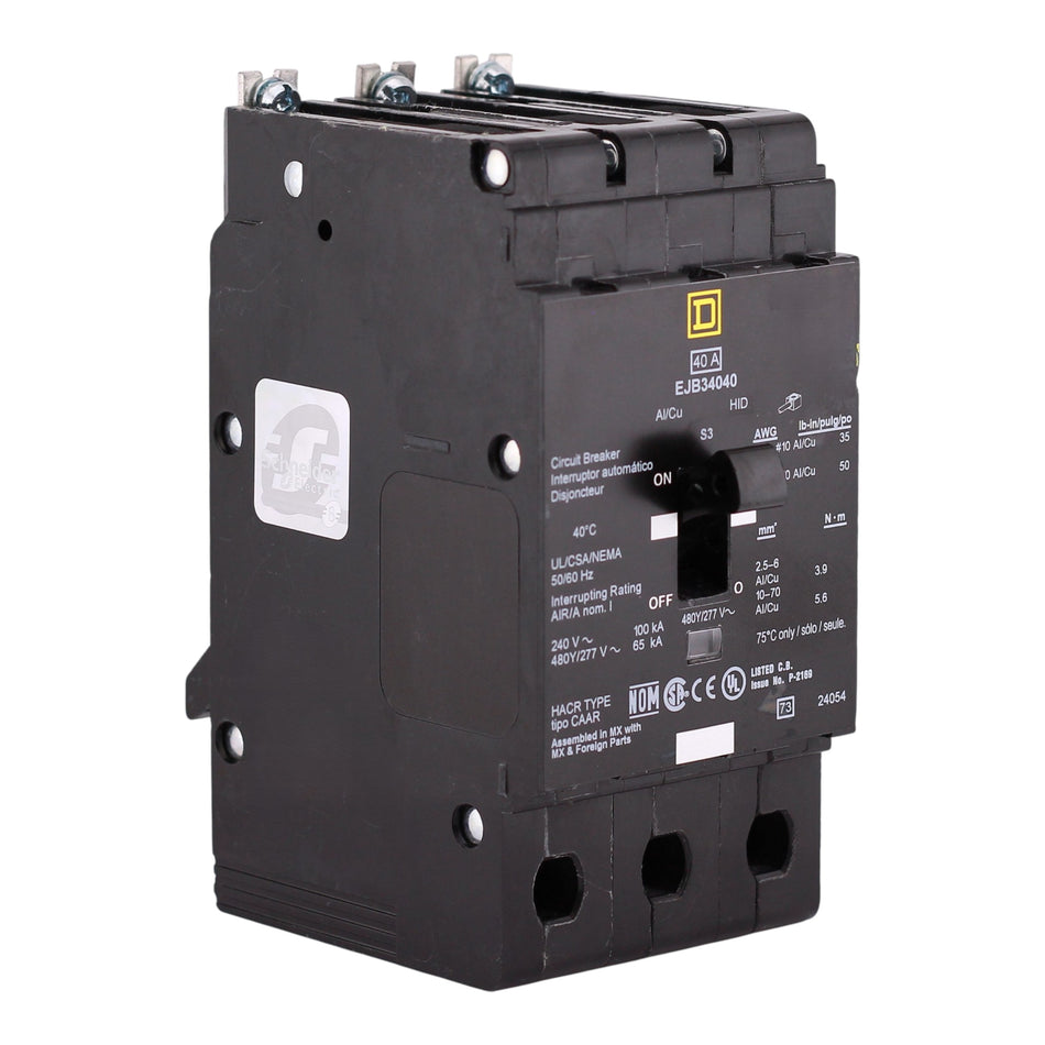 Square D E-Frame, EJB34040, 40A, 3P, 480Y/277VAC, 100kA, Bolt-On, Thermal Magnetic, Circuit Breaker
