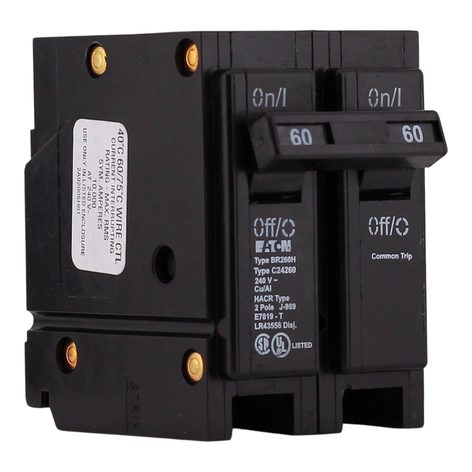 Eaton BR, BR260H, 60A, 2P, 240V, High-Magnetic, Plug-On, Circuit Breaker