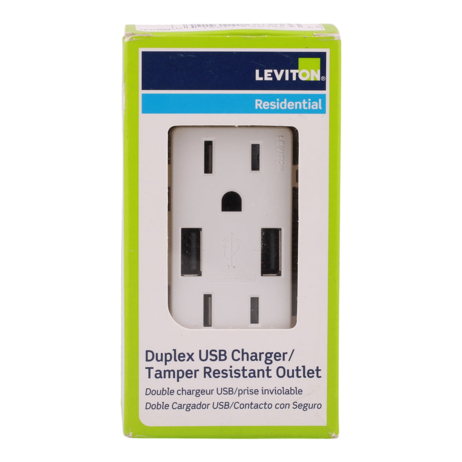 Leviton Decora T5632-W 15A USB Type-A/Type-A Charger Tamper-Resistant Outlet White