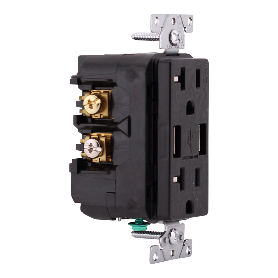 Leviton Decora, T5832-E, 20A, 125V, USB Type-A/A, Tamper-Resistant, Combo Outlet, Black