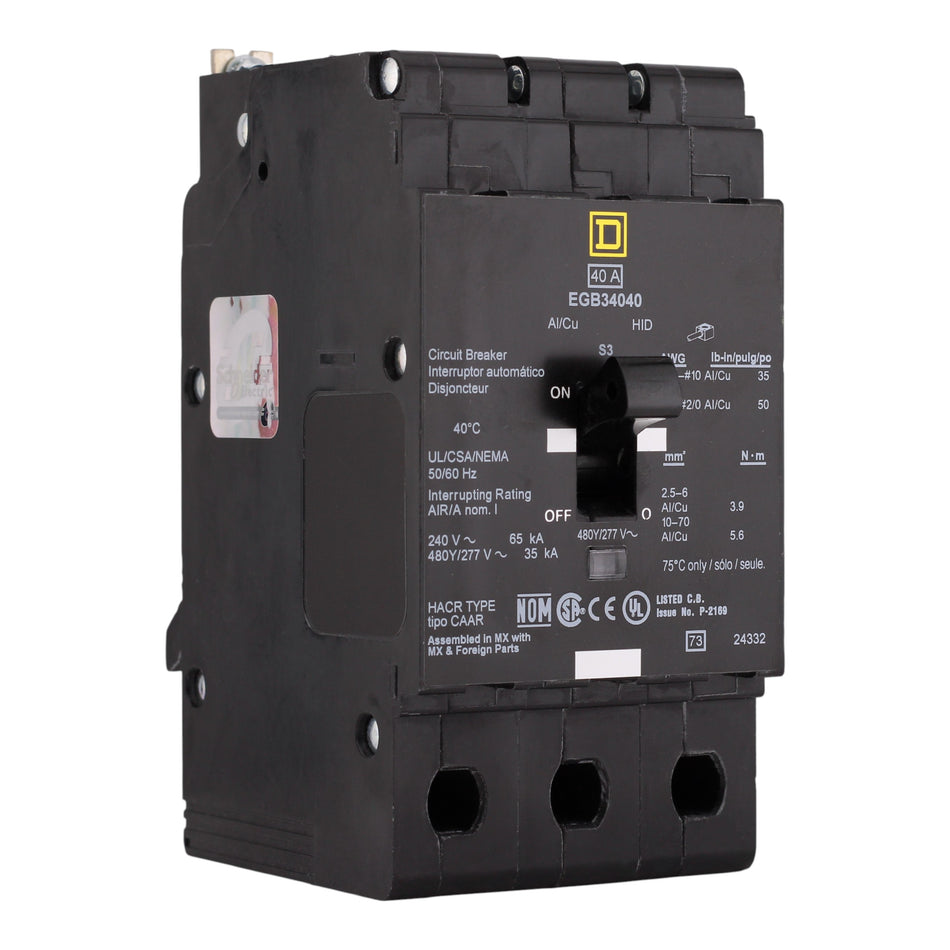Square D E-Frame, EGB34040, 40A, 3P, 480Y/277V, Bolt-On, Circuit Breaker