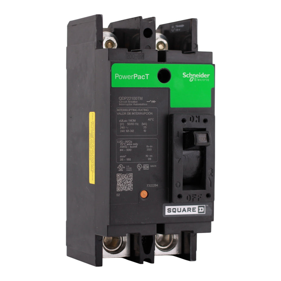 Square D PowerPacT Q, QDP22100TM, 100A, 2P, 240VAC, Thermal-Magnetic, Lugs, Circuit Breaker