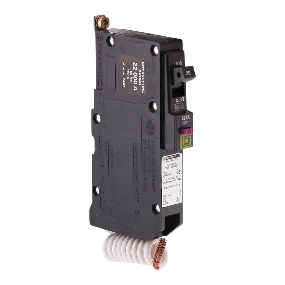 Square D QO, QOB120VHDF, 20A, 1P, 120V, Dual Function AFCI/GFCI, Pigtail Neutral, Circuit Breaker