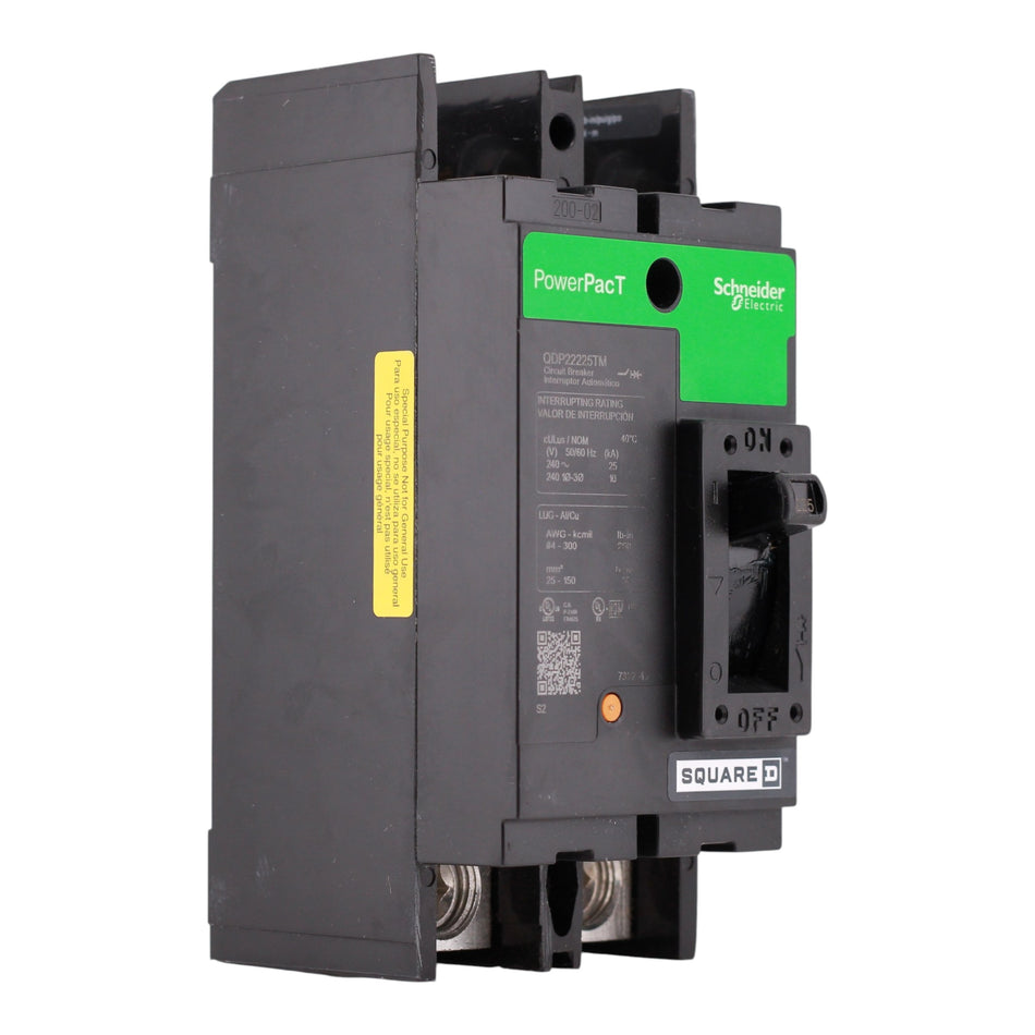 Square D PowerPacT Q, QDP22225TM, 225A, 2P, 240V, 25kA, Stud/Lug, MCCB