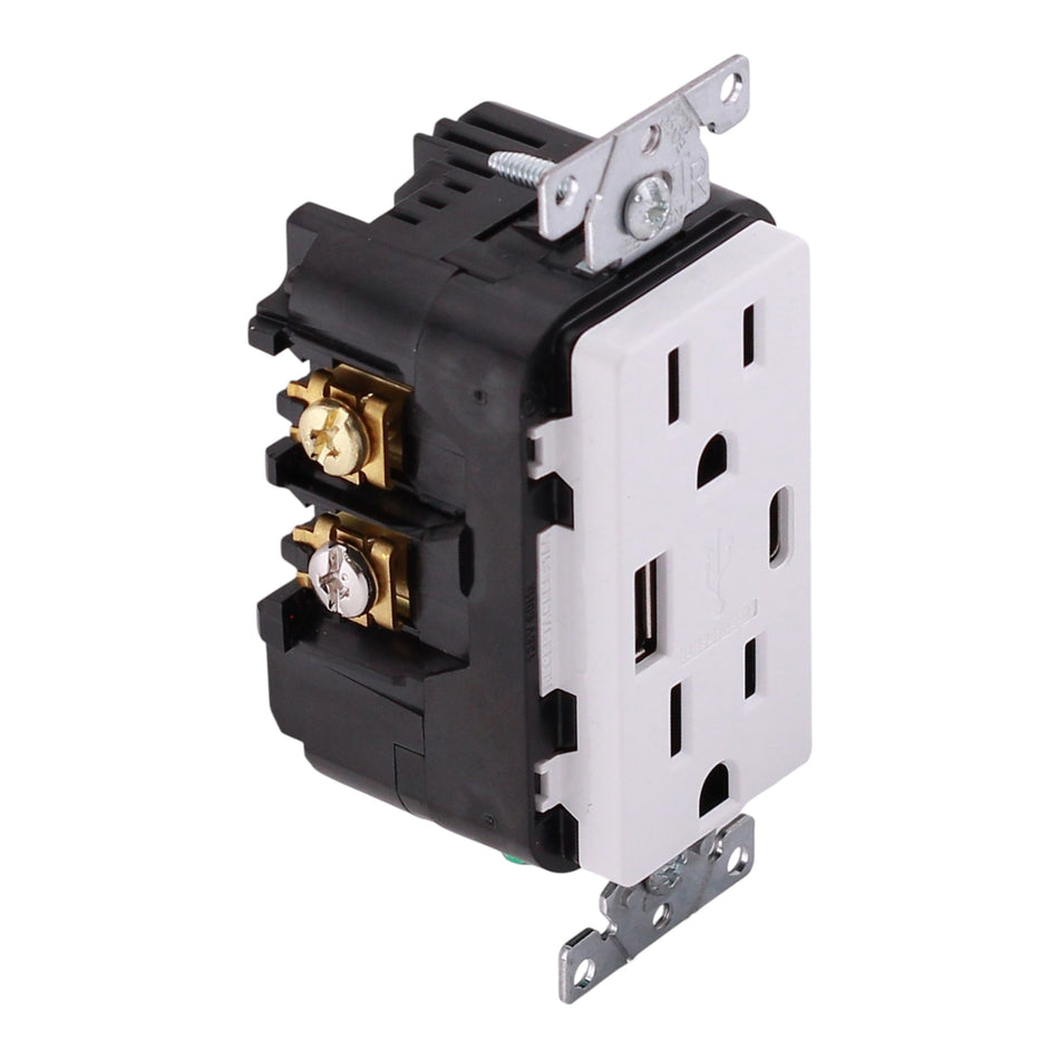 Leviton Decora, T5638-20W, 15A, 125V, NEMA 5-15R, USB Type-A/Type-C Combo Outlet, Tamper-Resistant, White