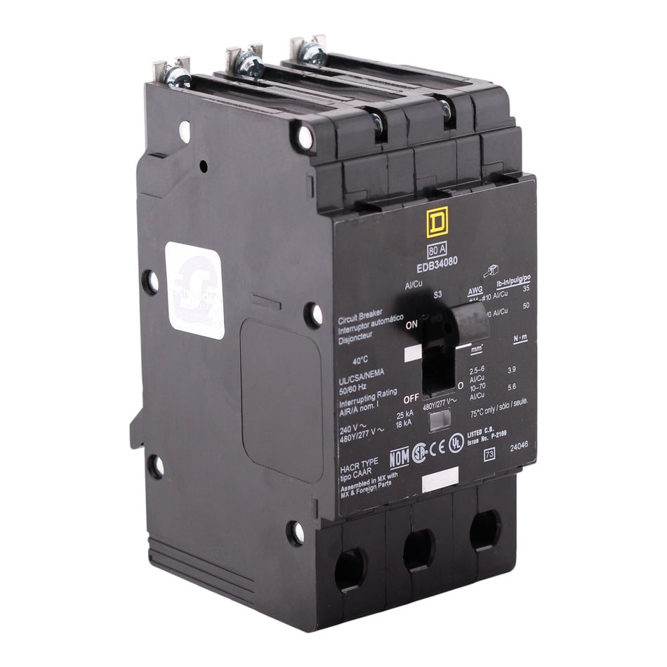 Square D E-Frame, EDB34080, 80A, 3P, 480Y/277VAC, 25kA, Bolt-On, Thermal Magnetic, Circuit Breaker