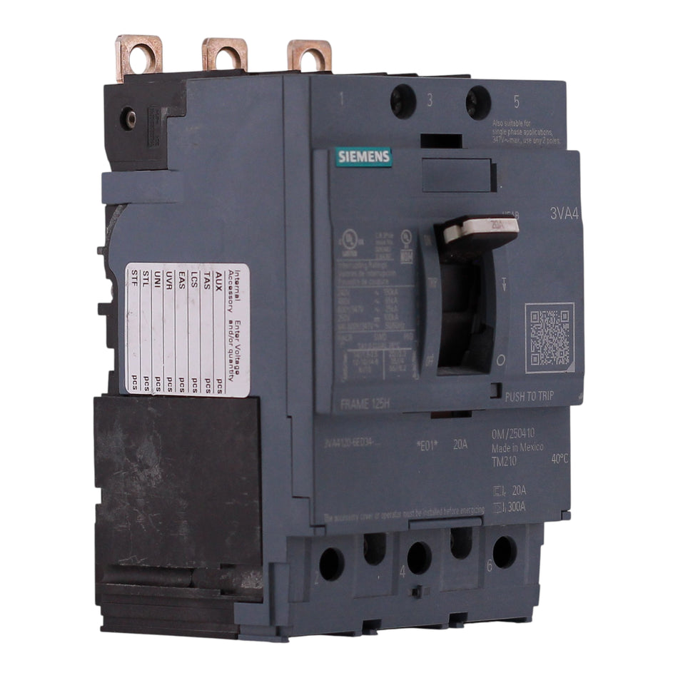 Siemens 3VA4, 3VA4120-6ED34-0AA0, 20A, 3P, 480V, 65kA, Load Lugs, TM210, MCCB
