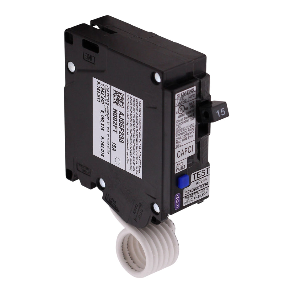 Siemens QAFH2, QA115AFCH, 15A, 1P, 120V, CAFCI, Pigtail Neutral, Circuit Breaker