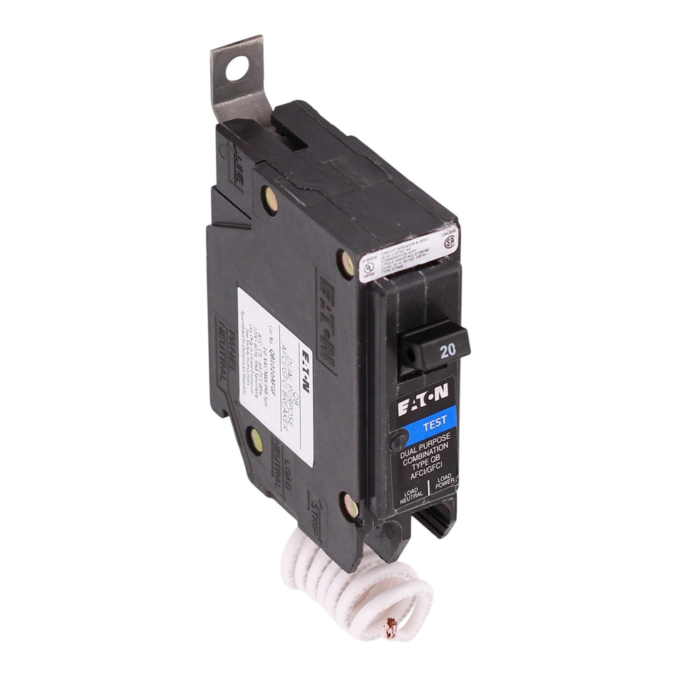 Eaton QB, QB1020AFGF, 20A, 1P, 120/240V, Dual Function AFCI/GFCI, Pigtail Neutral, Bolt-On, Circuit Breaker