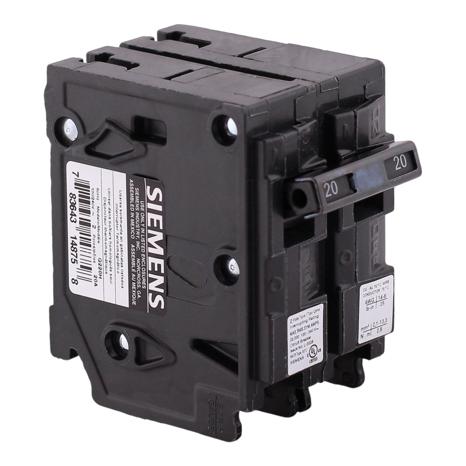 Siemens QP, Q220H, 20A, 2P, 120/240V, 22kAIC, Thermal Magnetic, Circuit Breaker