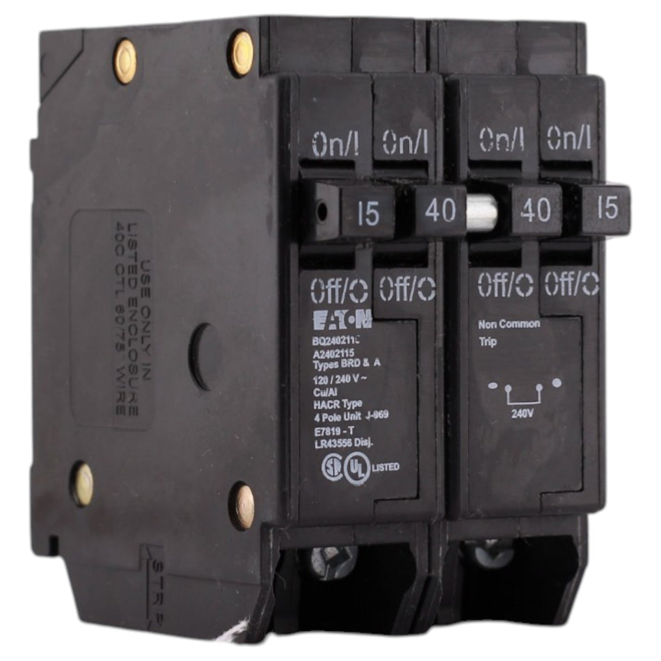 Eaton BR, BQ2402115, 15/40A, 4P, 120/240V, 10kAIC, CTL Quadplex, Plug-On, Circuit Breaker