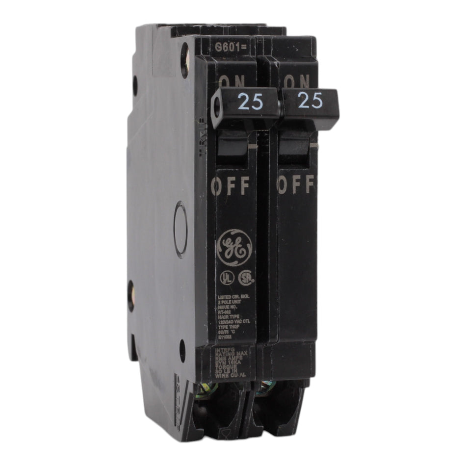 GE THQP225, 25A, 120/240V, 2-Pole Circuit Breaker, Plug-In, for Load Centers and Lighting Panels